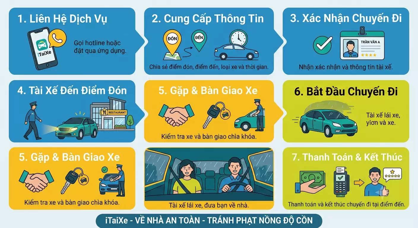 Thuê tài xế lái xe hộ sau khi uống bia an toàn, tiện lợi 10 Quy trình 7 bước gọi tài xế lái hộ xe
