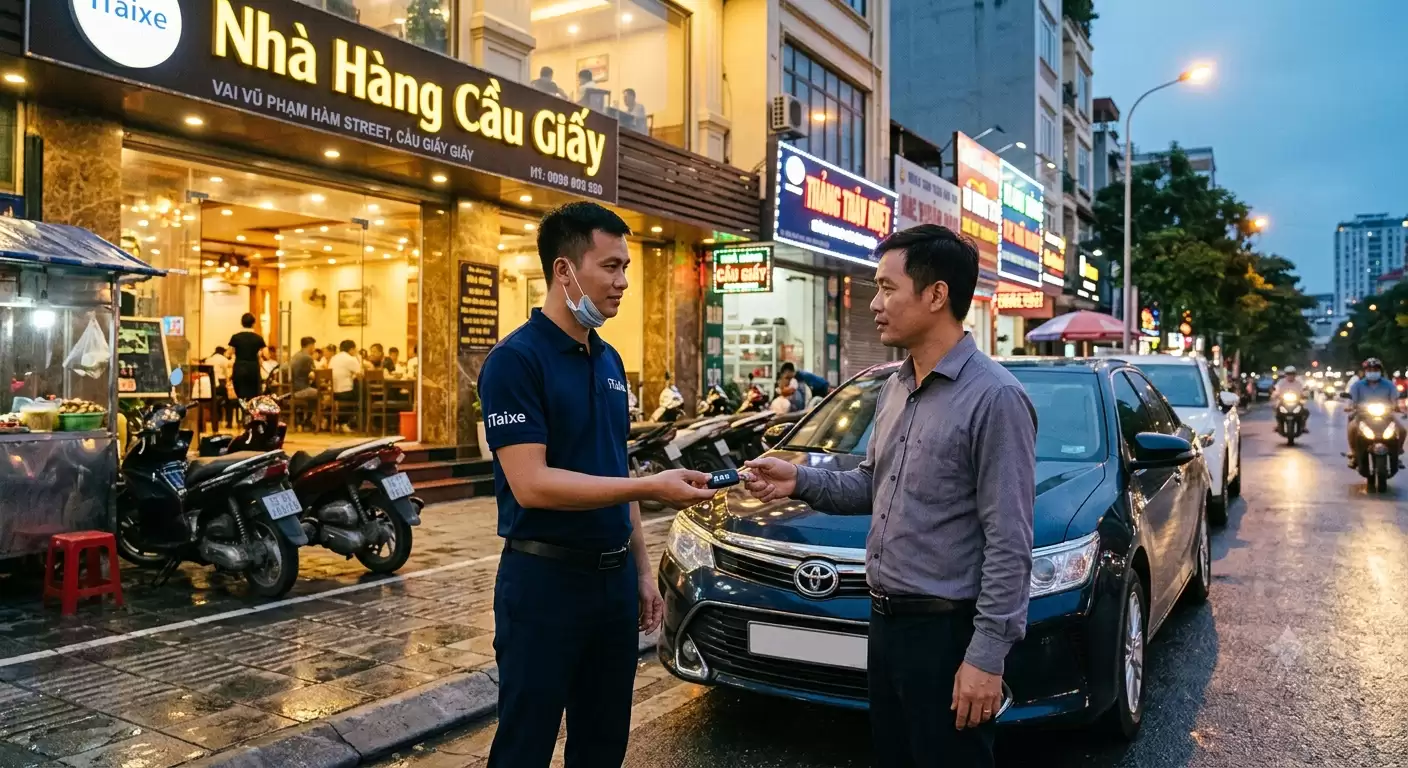 Tài xế iTaixe nhận bàn giao chìa khóa ô tô từ khách hàng tại Cầu Giấy